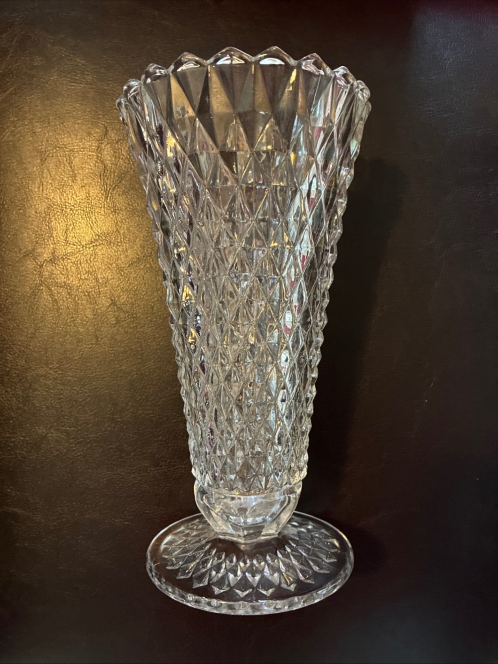 Vintage Indiana Glass Diamond Point Clear Vase 8 In